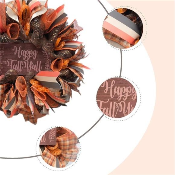 16 Inch Fall Mesh Deco Wreath, Happy Fall Wood Sign Ribbon Wreath Orange Wreath - Picture 3 of 6